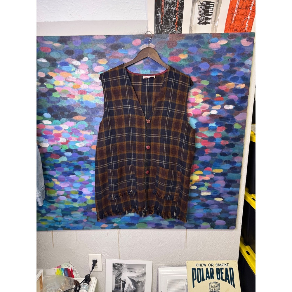 Vintage Allison Tracy Plaid Fringe Vest Brown Blue Mustard Made in USA vest